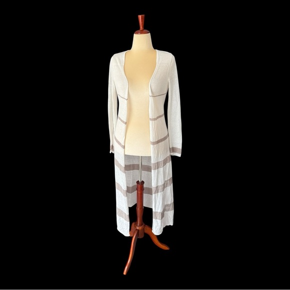Cabi Riviera Linen White Taupe Striped Long Cardigan Sweater Duster Size… - Picture 5 of 14